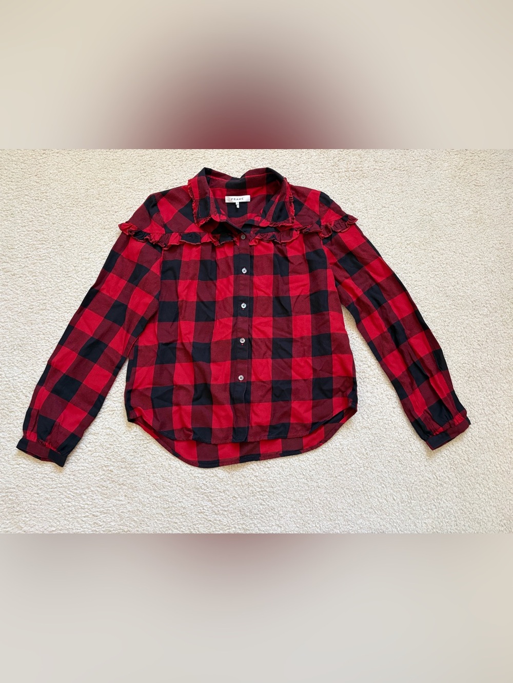 FRAME Ruffled buffalo plaid shirt cotton flannel sz L western farmhouse heritage